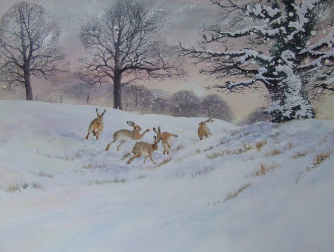 Winter Playtime Watercolour painting by Valerie Briggs